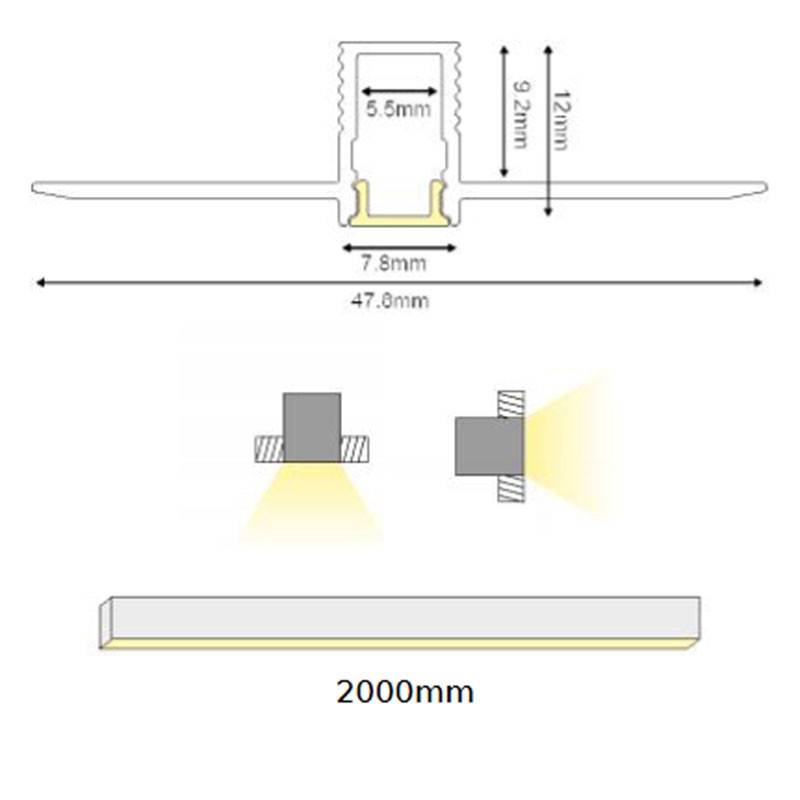 LED strip profile integration / trimless - 8x12mm - With diffuser - 2 meters