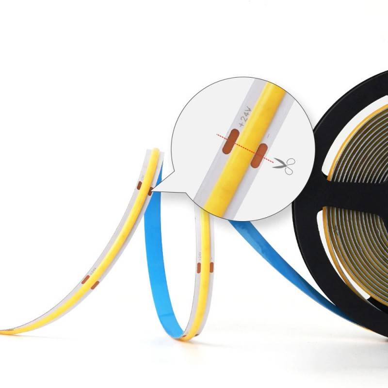 24V DC COB LED Strip - 12W/m - 10mm - IP20 - 10 meters roll - Cut every 5cm