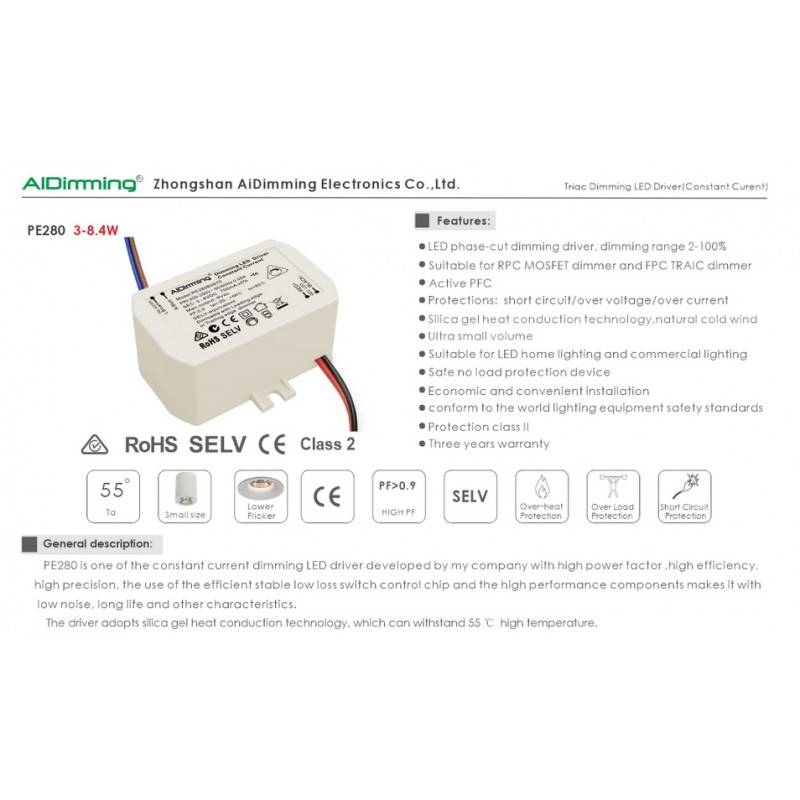 Dimmable TRIAC constant current driver 25-42V 8W 180mA