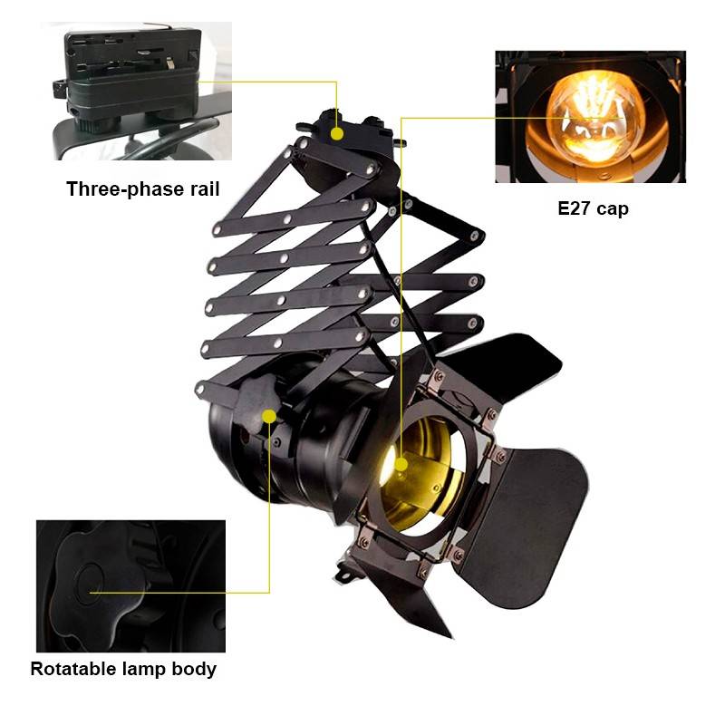 Extending and adjustable spotlight for 3-phase track - "Cinema" - E27