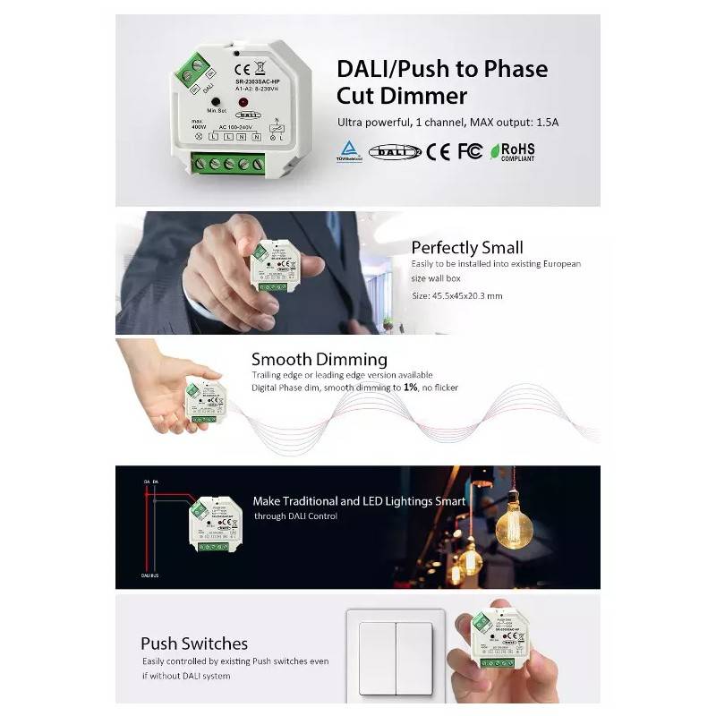 Single-color DALI and PUSH Dimmer Controller - 400W - 1 channel - 100-240V AC - Sunricher
