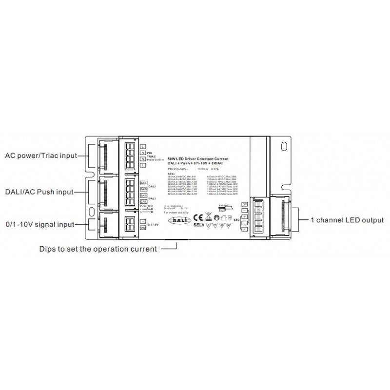 Dimmable TRIAC DALI PUSH driver 0/1-10V 8-48VDC 50W multicurrent (180-1500mA)