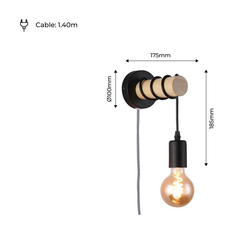 Wooden wall light with switch and plug "MILA".