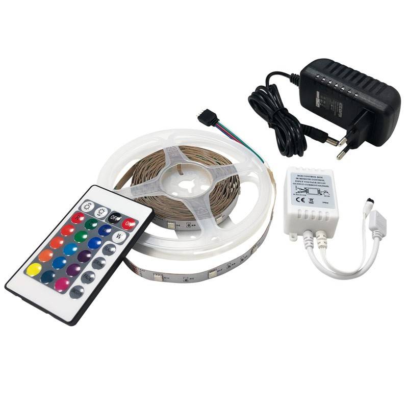 5m RGB LED strip kit with power supply, remote control and 12V and 24V compatible controller