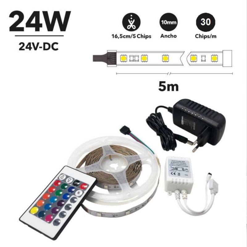 5m RGB LED strip kit with power supply, remote control and 12V and 24V compatible controller