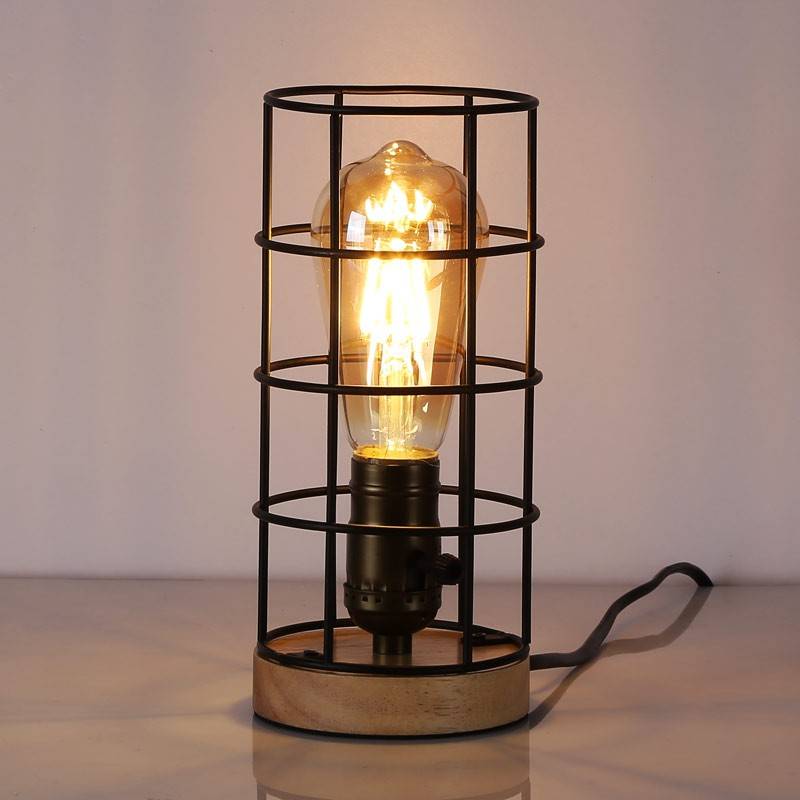 Vintage industrial style table lamp wood and grille "GREGOR".