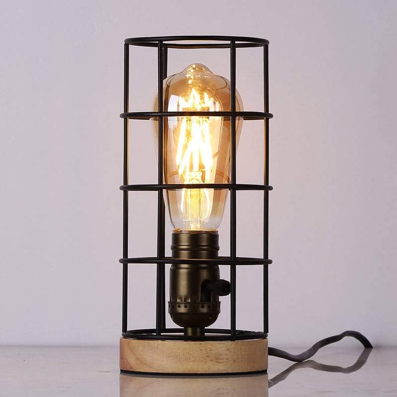 Vintage industrial style table lamp wood and grille "GREGOR".