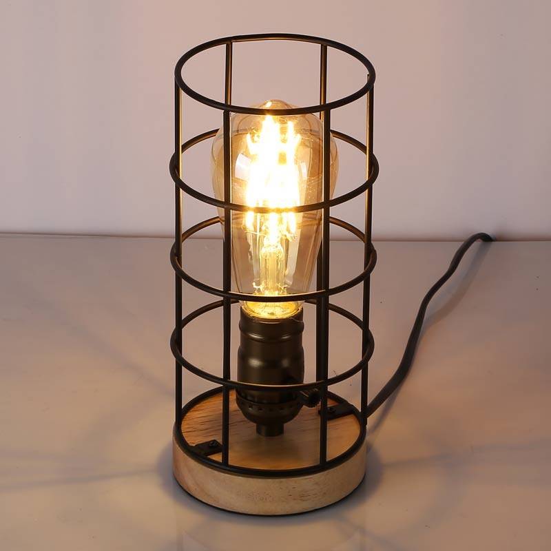 Vintage industrial style table lamp wood and grille "GREGOR".