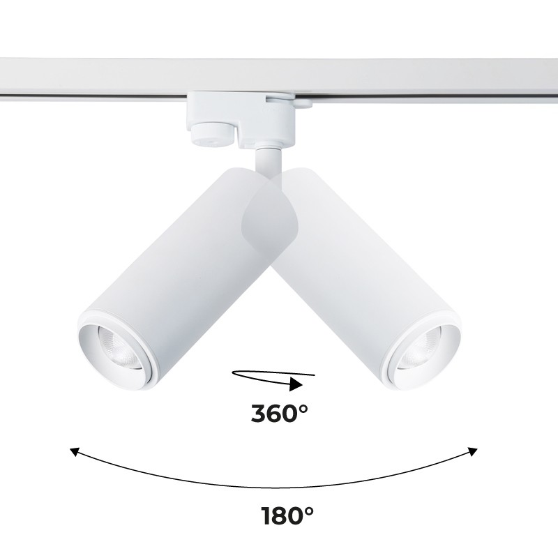 Single-phase track spotlight with adjustable light angle and 8W articulated spotlight in 2800K