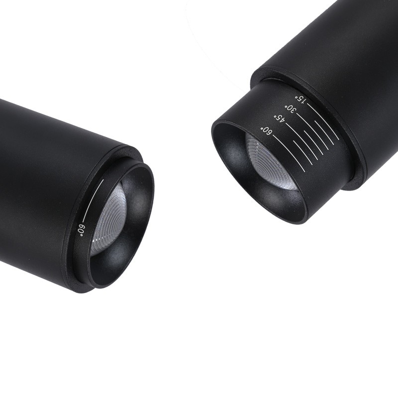 Single-phase track spotlight with adjustable light angle and 8W articulated spotlight in 2800K