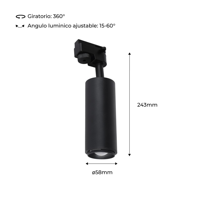 Single-phase track spotlight with adjustable light angle and 8W articulated spotlight in 2800K
