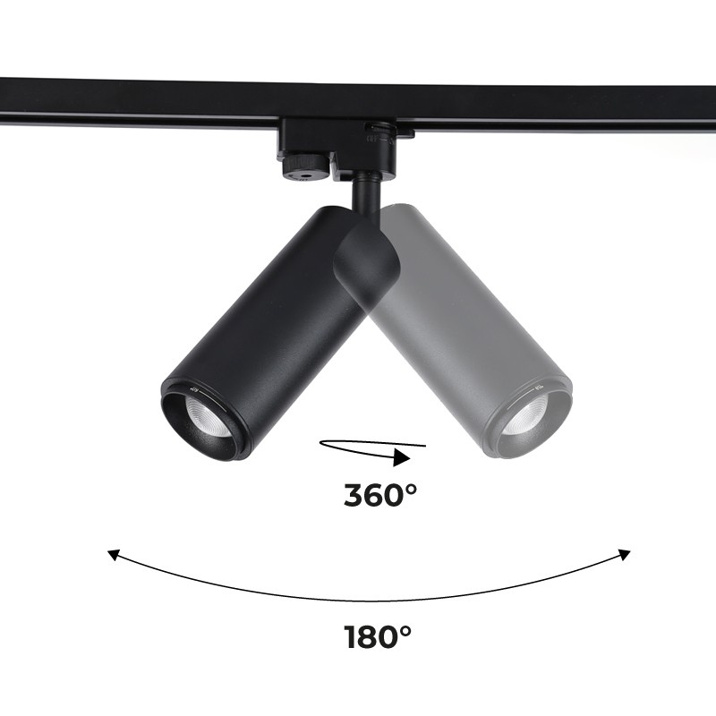 Single-phase track spotlight with adjustable light angle and 8W articulated spotlight in 2800K