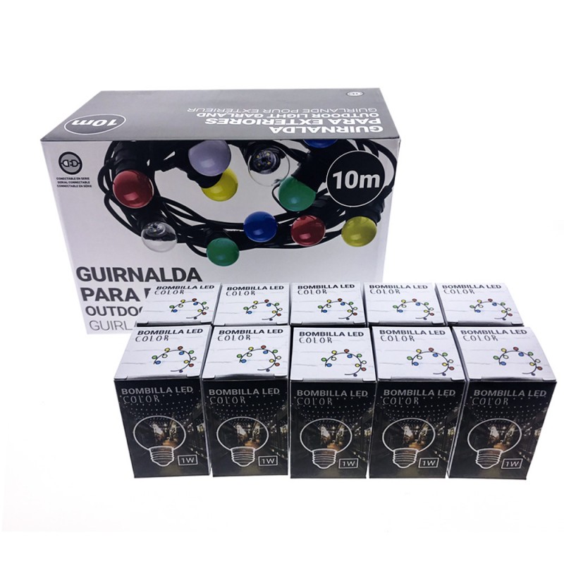 Outdoor light garland kit 10 meters + 10 LED bulbs E27 1W - Warm white