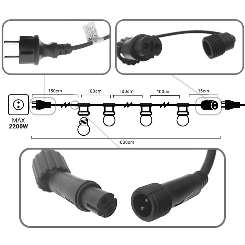 Outdoor light garland kit 10 meters + 10 LED bulbs E27 1W - Warm white