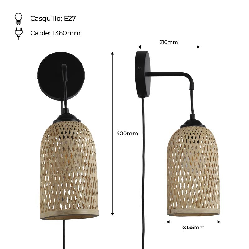 Wicker wall sconce with plug "Frida" E27