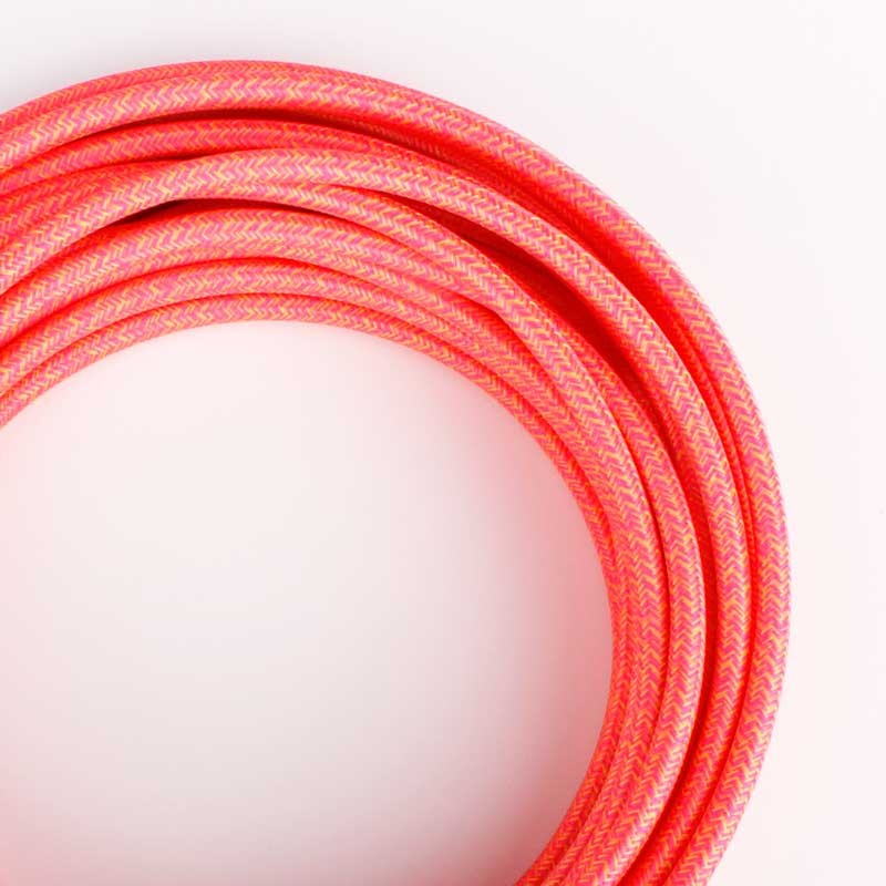 Round electric cable covered in silk effect fabric in pink and yellow colors