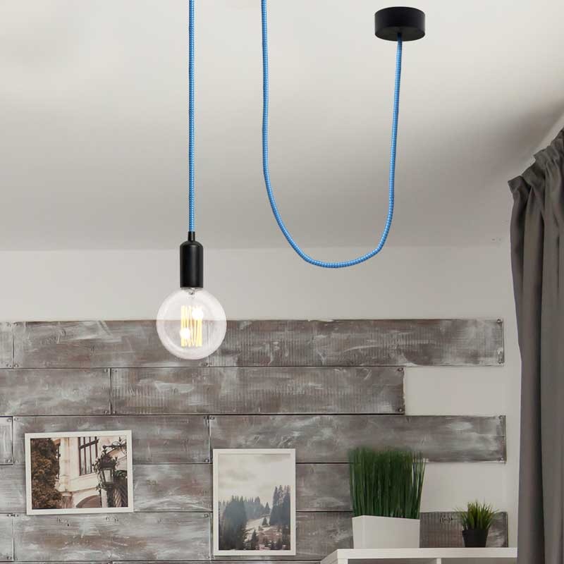 Round Electric Cable coated in Silk effect fabric Blue & White colour