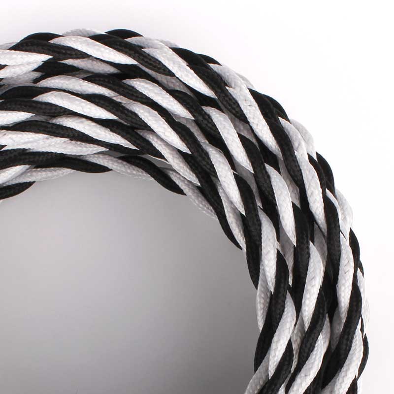 Braided cable coated in silk effect fabric - Black and white - One meter