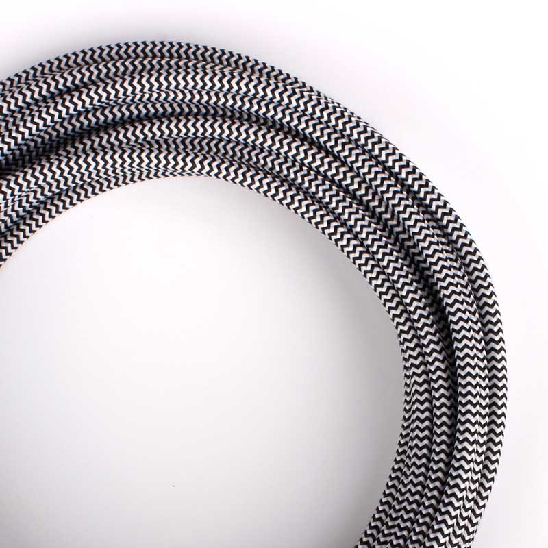 Cable Eléctrico Redondo Recubierto en tejido Efecto Seda ZigZag, Blanco & Negro