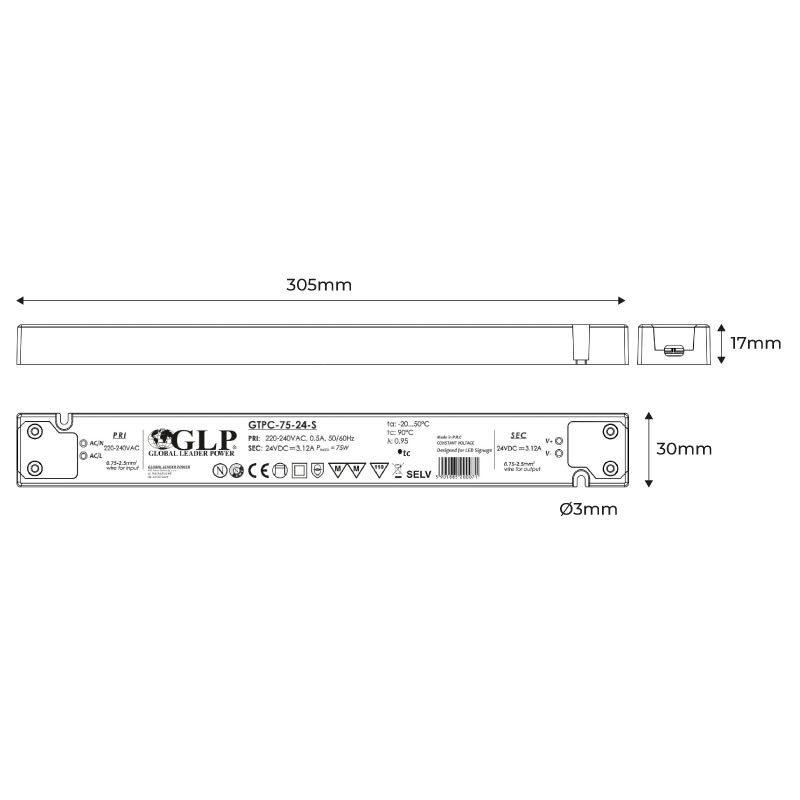 75W 12V Slim power supply - GLP