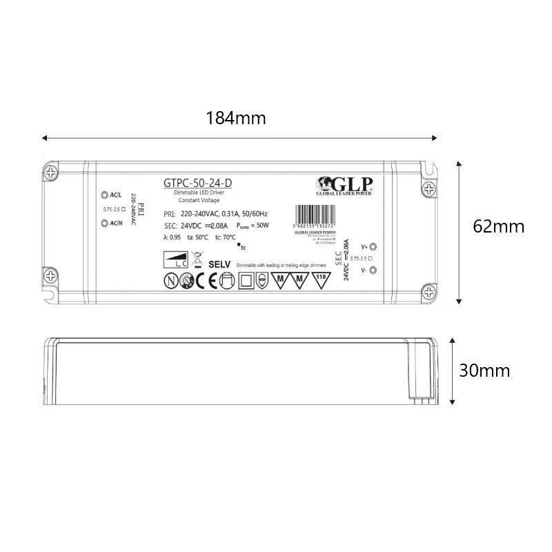 Triac LED dimmable power supply 50W 24V 24V -GLP