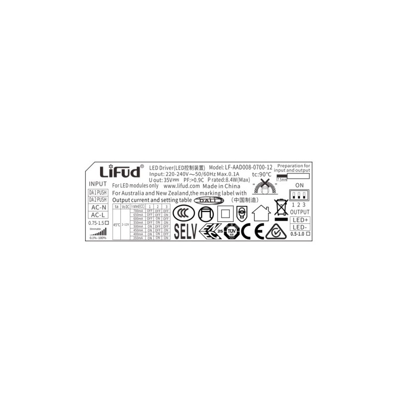 LIFUD dimmable DALI PUSH driver 2-12V 8W multicurrent (350-700mA)