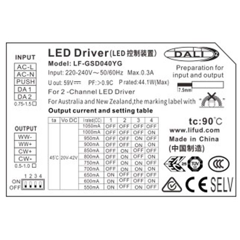 DALI PUSH dimmable LIFUD driver 20-42V 40W multicurrent (550-1050mA) CCT2000-7000K