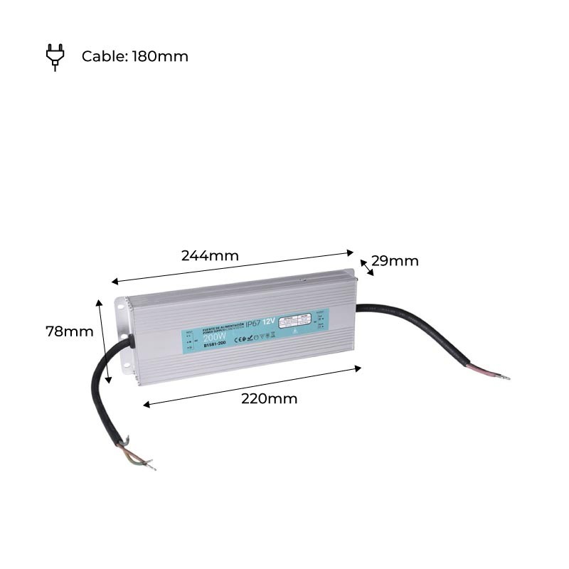 Compact watertight power supply 12V 200W IP67