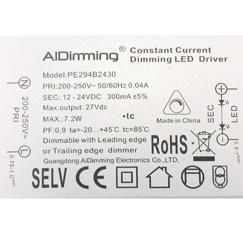 Dimmable TRIAC constant current driver 12-24V 7.2W 300mA