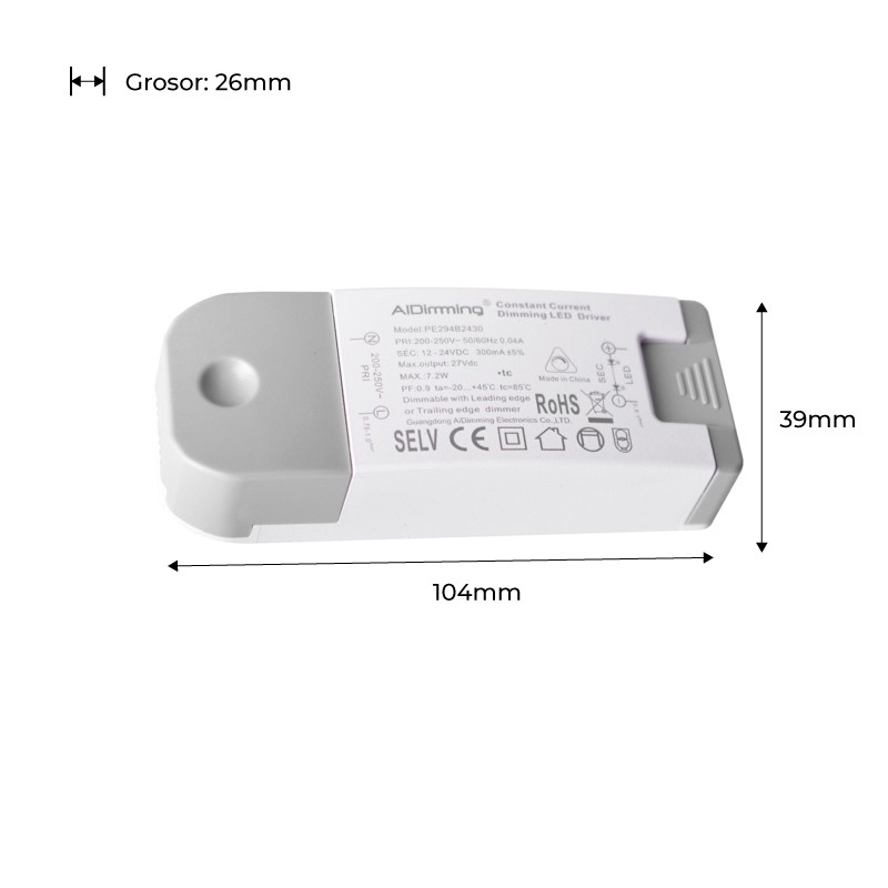Dimmable TRIAC constant current driver 12-24V 7.2W 300mA
