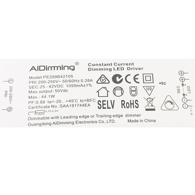 Dimmable TRIAC driver constant current 25-42V 44W 1050mA