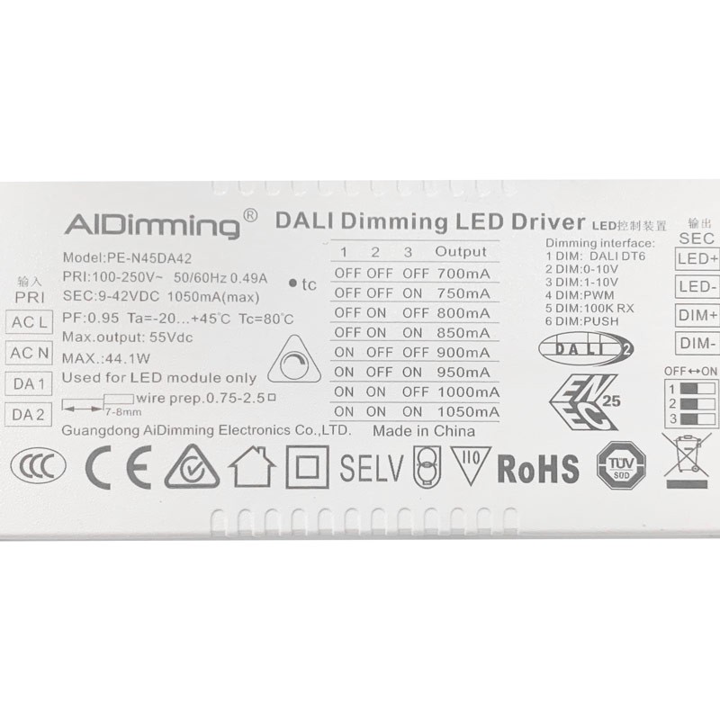 DALI PUSH dimmable driver 0-10V 9-42V 44W multicurrent (700-1050mA)