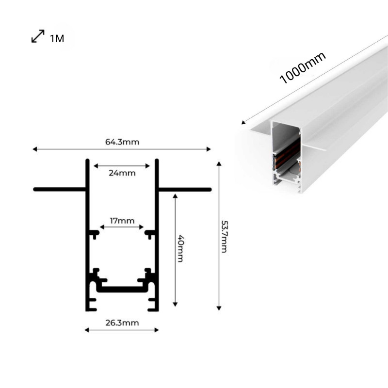 Magnetic rail 20mm recessed 48V - 1 meter