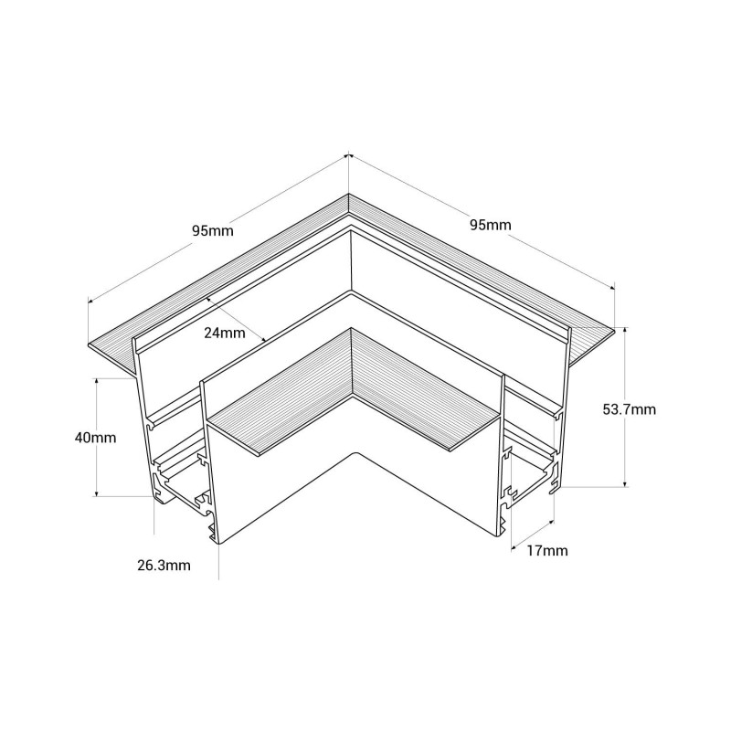 L-joint for recessed magnetic rails 20 mm - Horizontal