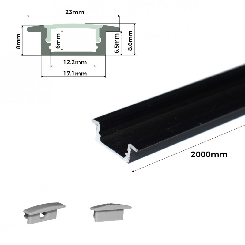 Recessed aluminum profile for LED strip with diffuser - 2 covers - 23x8mm - 2 meters