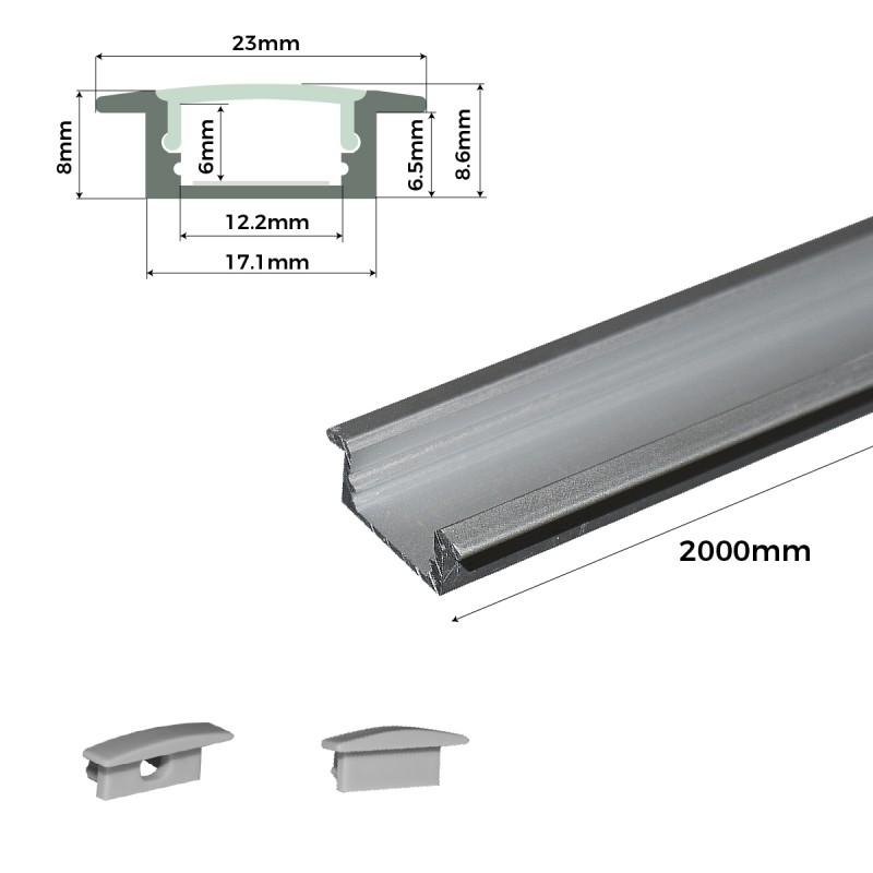 Recessed aluminum profile for LED strip with diffuser - 2 covers - 23x8mm - 2 meters