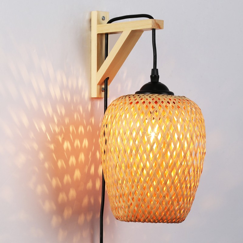 Wooden wall light, wicker lampshade and cable with switch and plug "Alan".