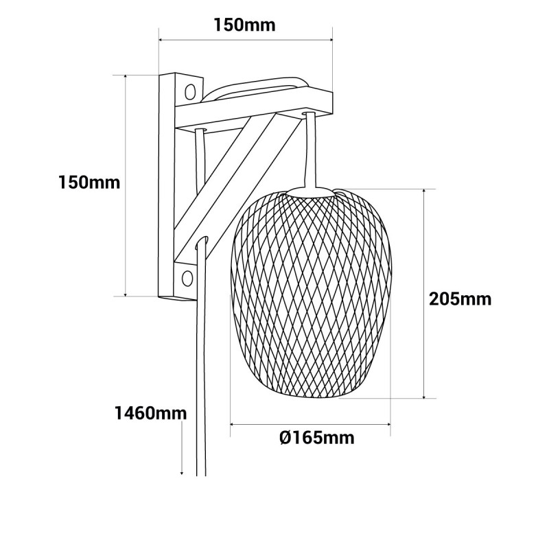 Wooden wall light, wicker lampshade and cable with switch and plug "Alan".