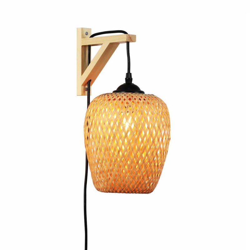 Wooden wall light, wicker lampshade and cable with switch and plug "Alan".