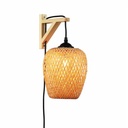 Wooden wall light, wicker lampshade and cable with switch and plug "Alan".