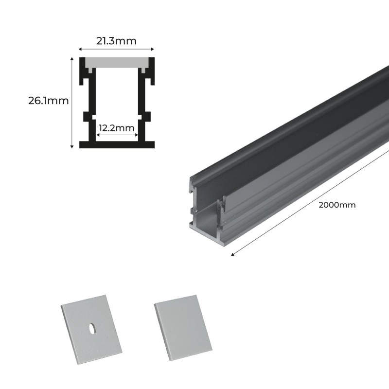 Aluminum profile for recessed LED strip with diffuser - 2 covers - 21x26mm - IP54 - 2 meters
