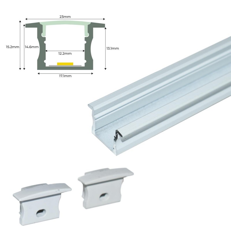 Recessed aluminum profile for LED strip with diffuser - 2 covers - 23x15mm - 2 meters
