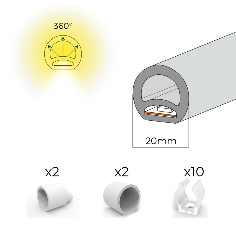 Flexible LED neon 360º circular - 24V DC - Ø20mm - 5 meters - 13W/m - Complete kit - IP67