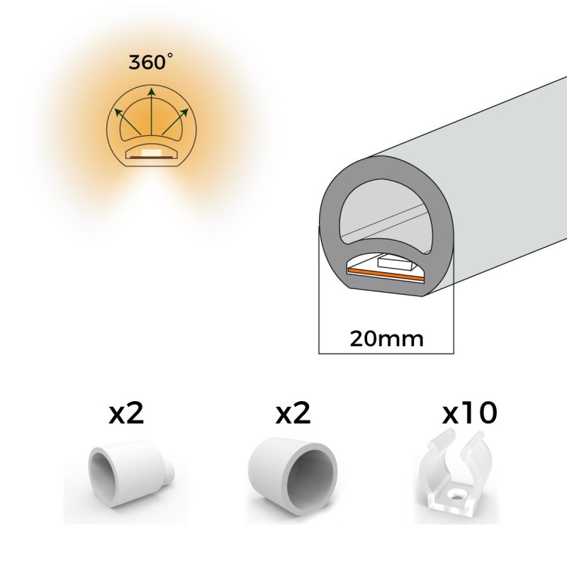 Flexible LED neon 360º circular - 24V DC - Ø20mm - 5 meters - 13W/m - Complete kit - IP67