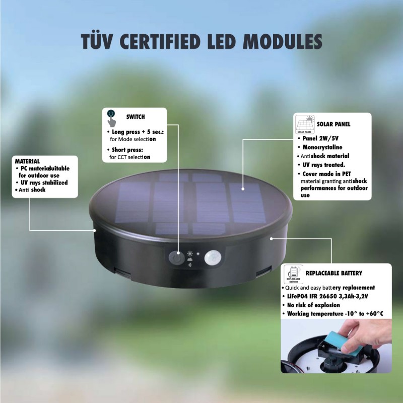 Solar garden bollard "MIZAR/ROSETTA" with PIR sensor - 3 operating modes - CCT