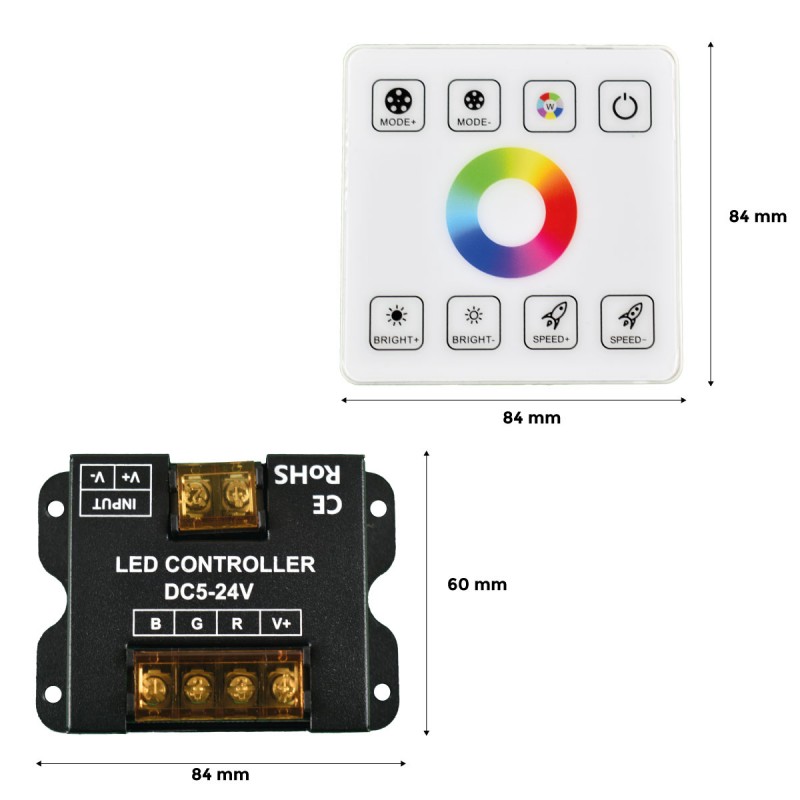 RGB controller for LED strips with RF touch panel - 5-24V/DC