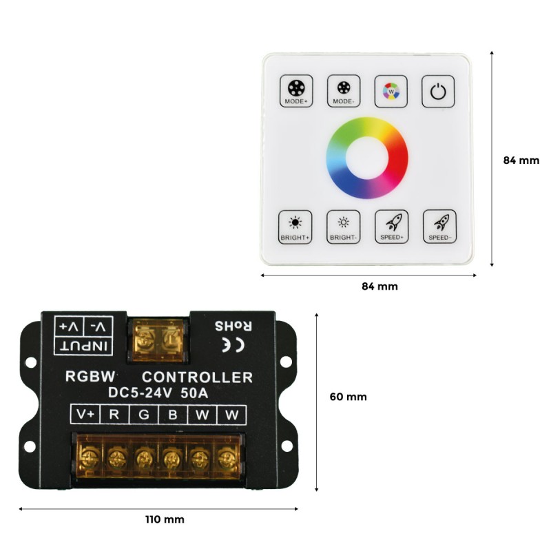 RGBW controller for LED strips with RF touch panel - 5-24V/DC