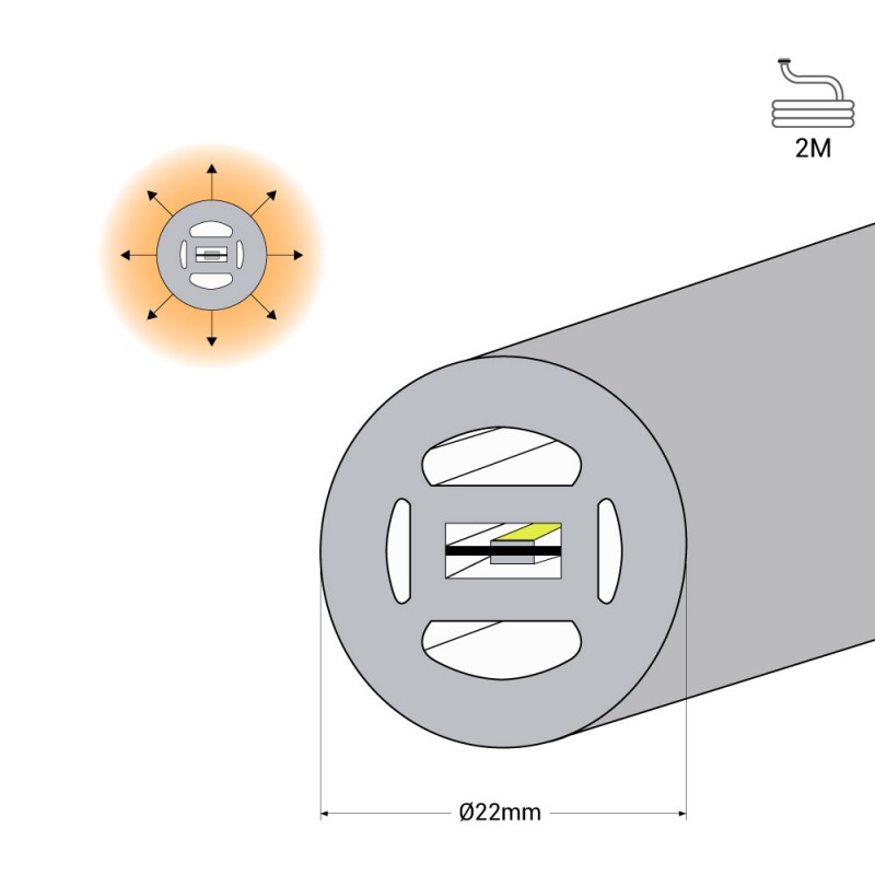 Flexible LED neon 360º circular - Ø22mm - 2 meters - 24V DC - 240Ch/m - 19,2W/m - IP65