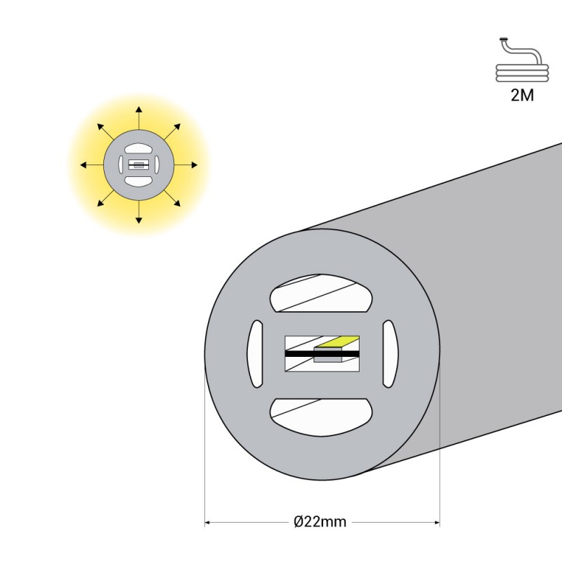 Flexible LED neon 360º circular - Ø22mm - 2 meters - 24V DC - 240Ch/m - 19,2W/m - IP65