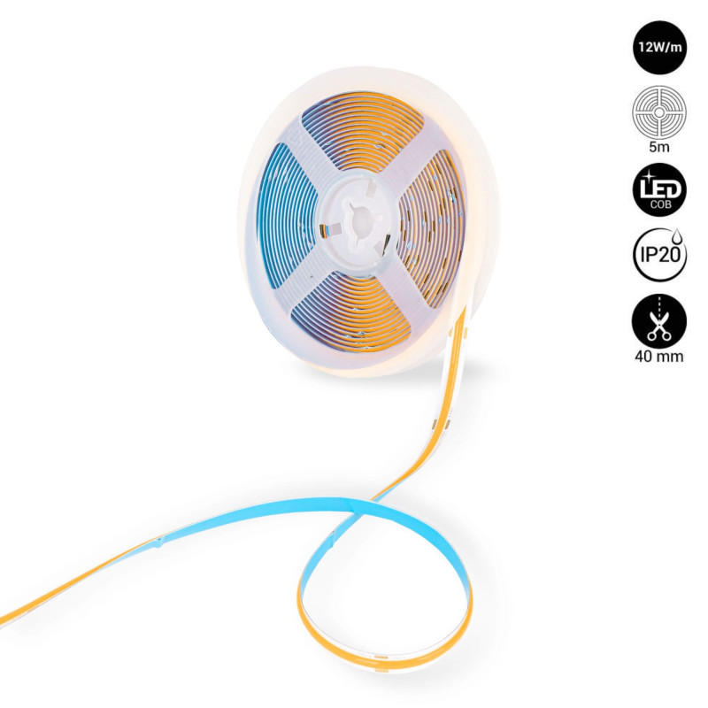 COB LED Strip 24V DC - 12W/m - Colours - 8mm - IP20 - 5m roll - Cut every 4 cm